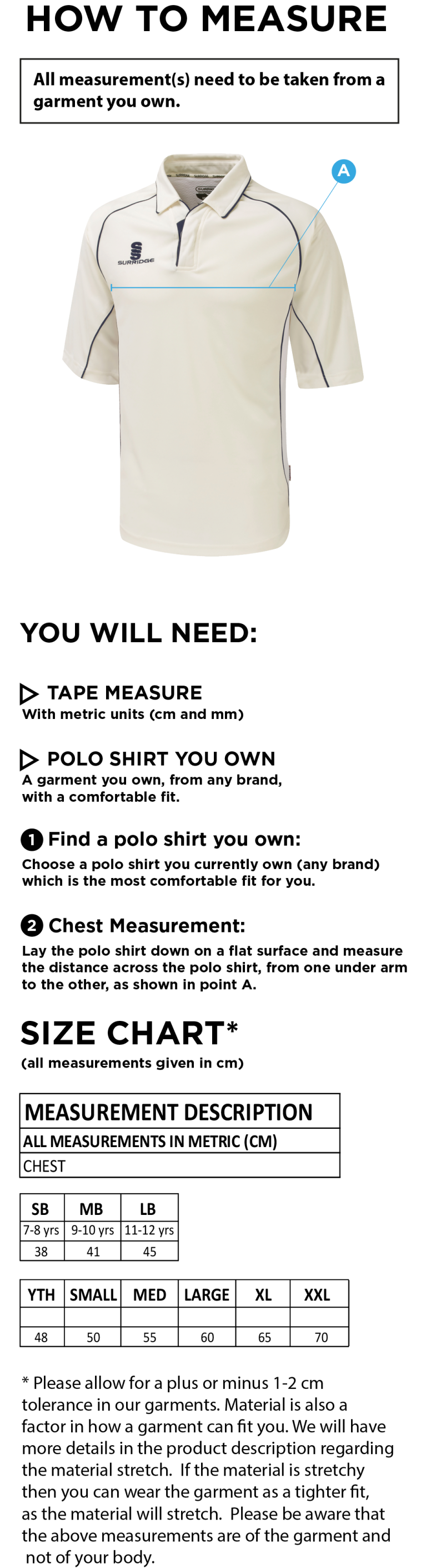 Cleckheaton CC - Premier 3/4 Short Sleeve Shirt - Size Guide