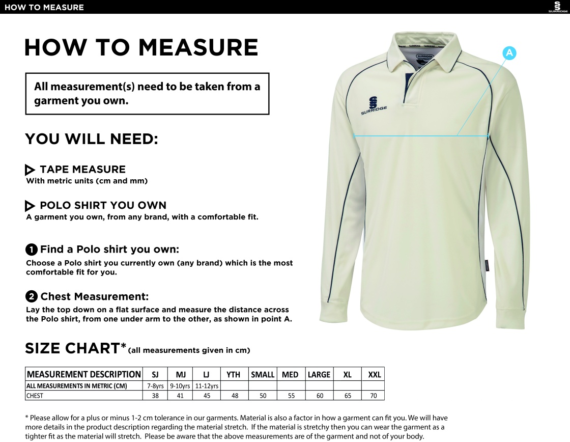 Cleckheaton CC - Premier Long Sleeve Shirt - Size Guide