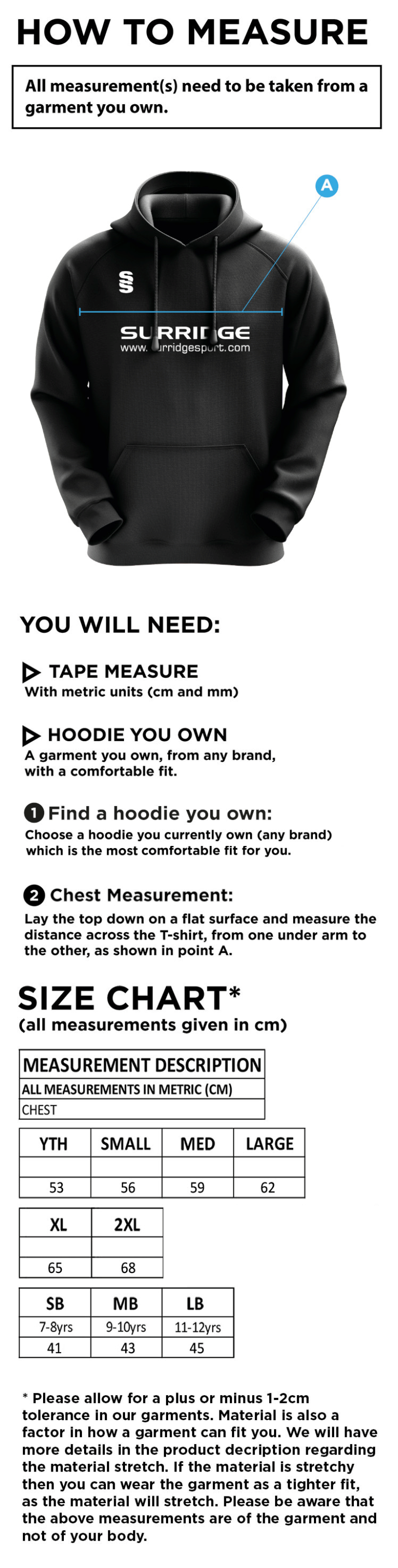 Cleckheaton CC - Blade Hoody - Size Guide