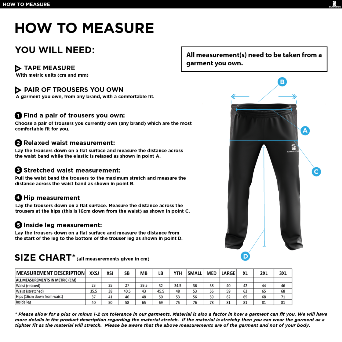 Cleckheaton CC - Tracksuit Pants - Size Guide
