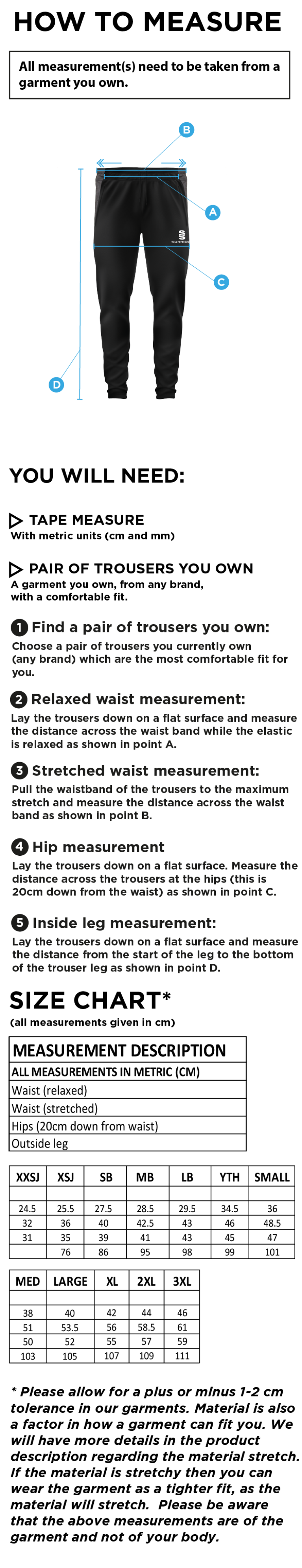Cleckheaton CC - Tek Skinny Pants - Size Guide