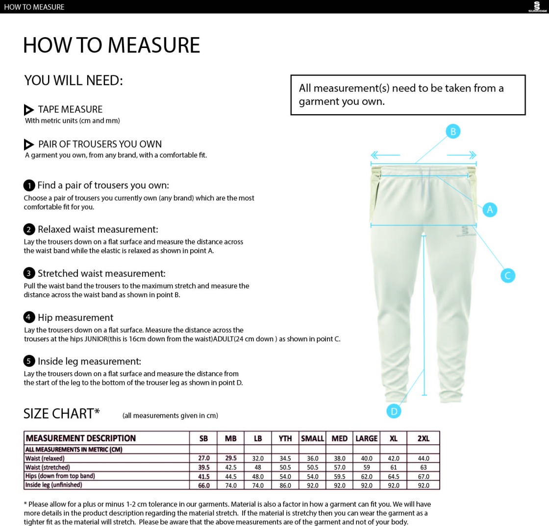 Cleckheaton CC - Tek Playing Pant - Size Guide
