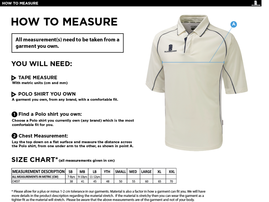 Cleckheaton CC - Premier 3/4 Short Sleeve Shirt - Size Guide