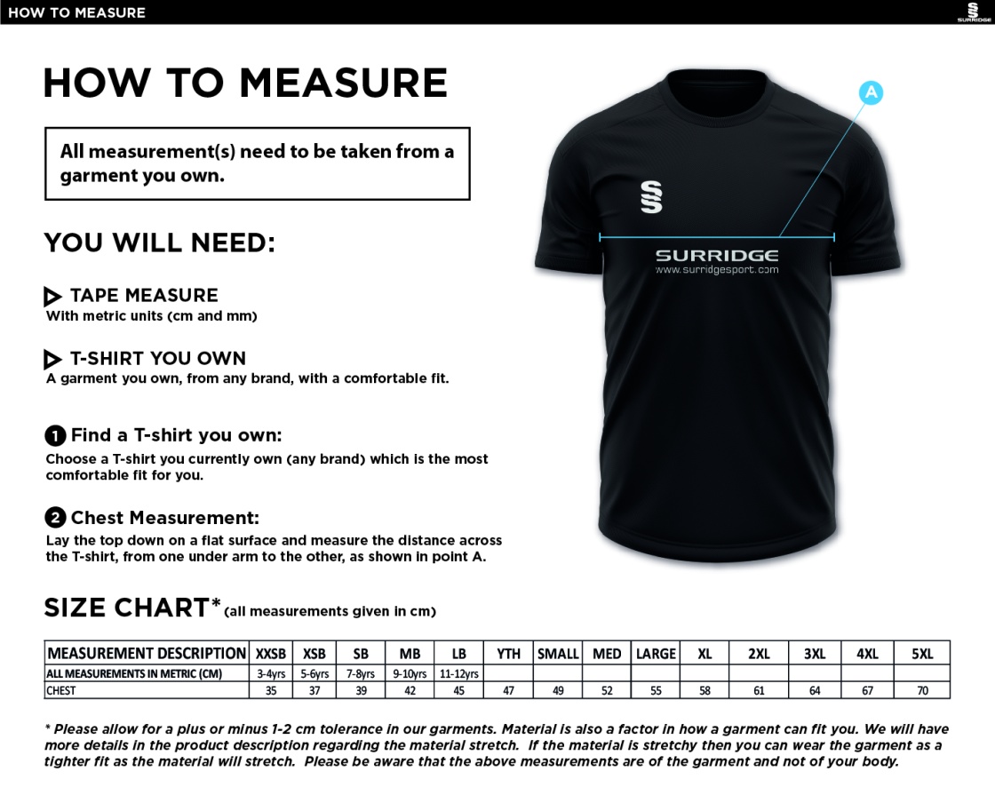 Cleckheaton CC - Blade Training Shirt - Size Guide