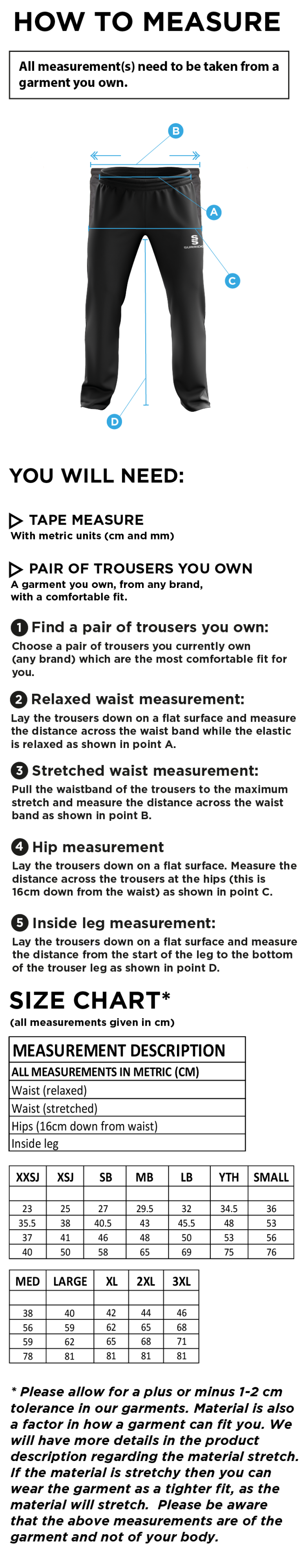 Cleckheaton CC - Tracksuit Pants - Size Guide